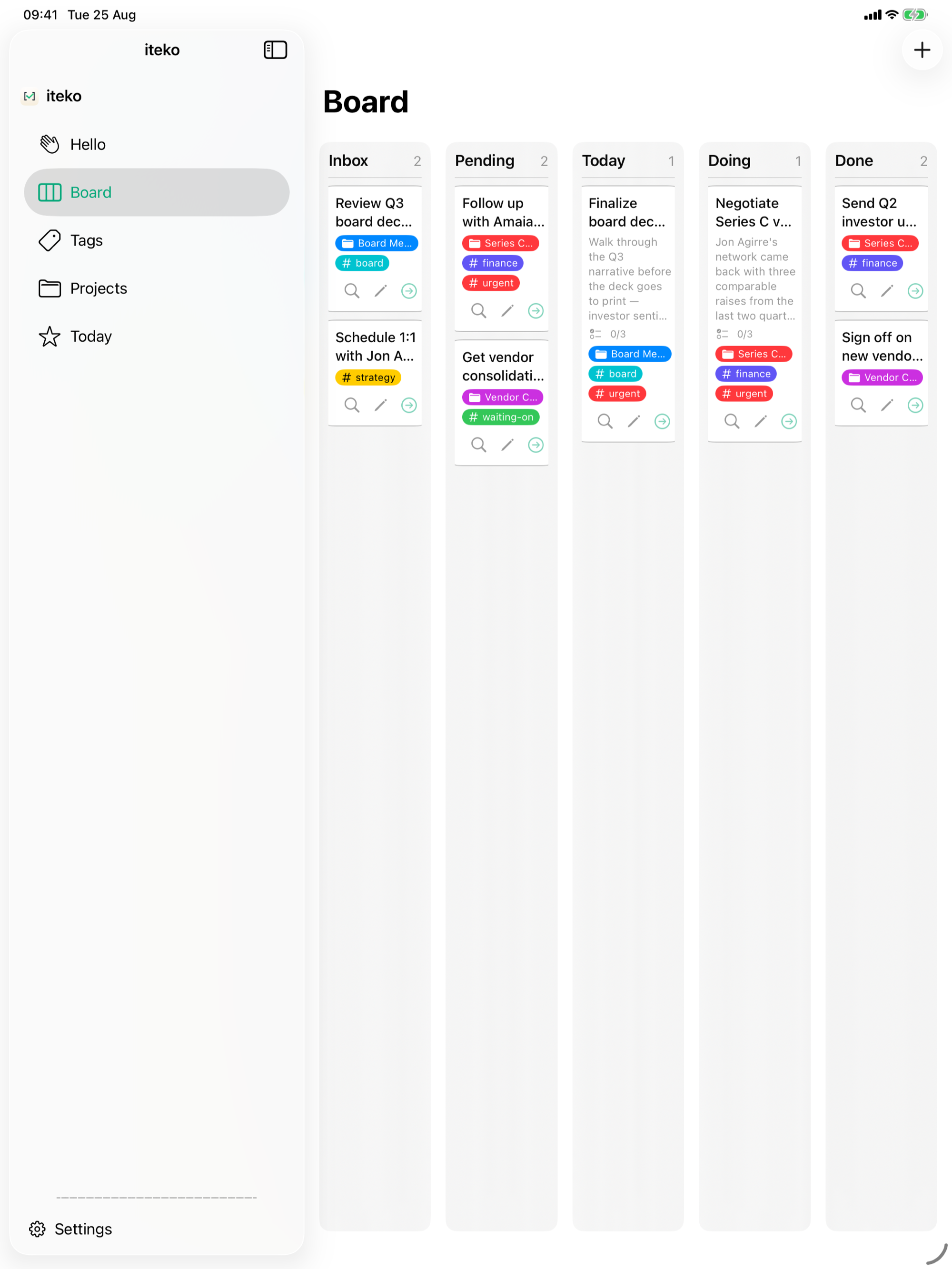 iteko's full five-column Kanban board on iPad — Inbox, Pending, Today, Doing, Done — with the sidebar visible.