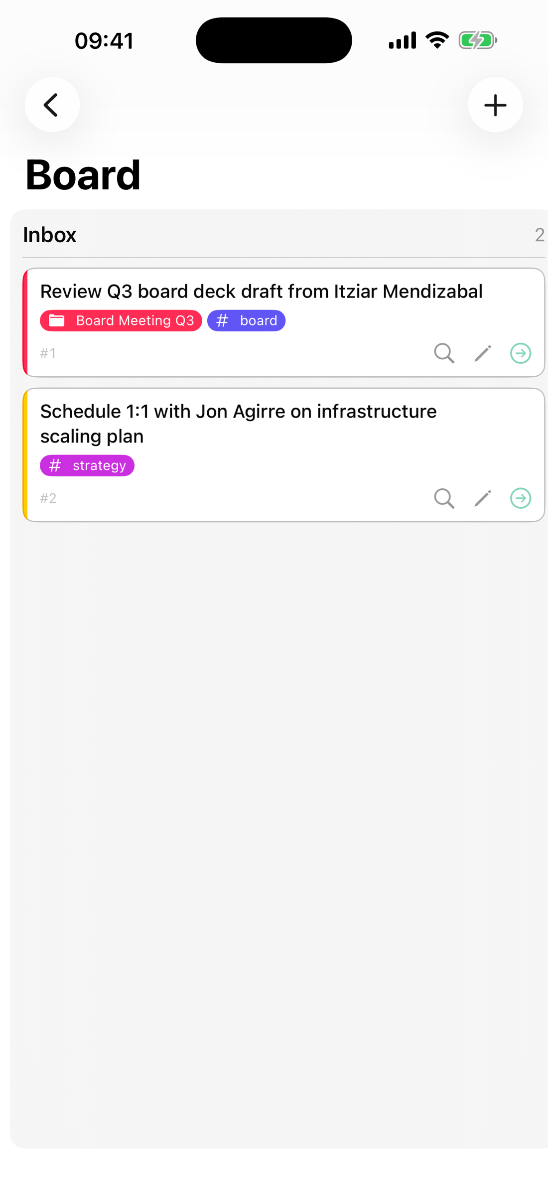iteko's Kanban board on iPhone, showing the Inbox column with color-coded task cards, project and tag badges.