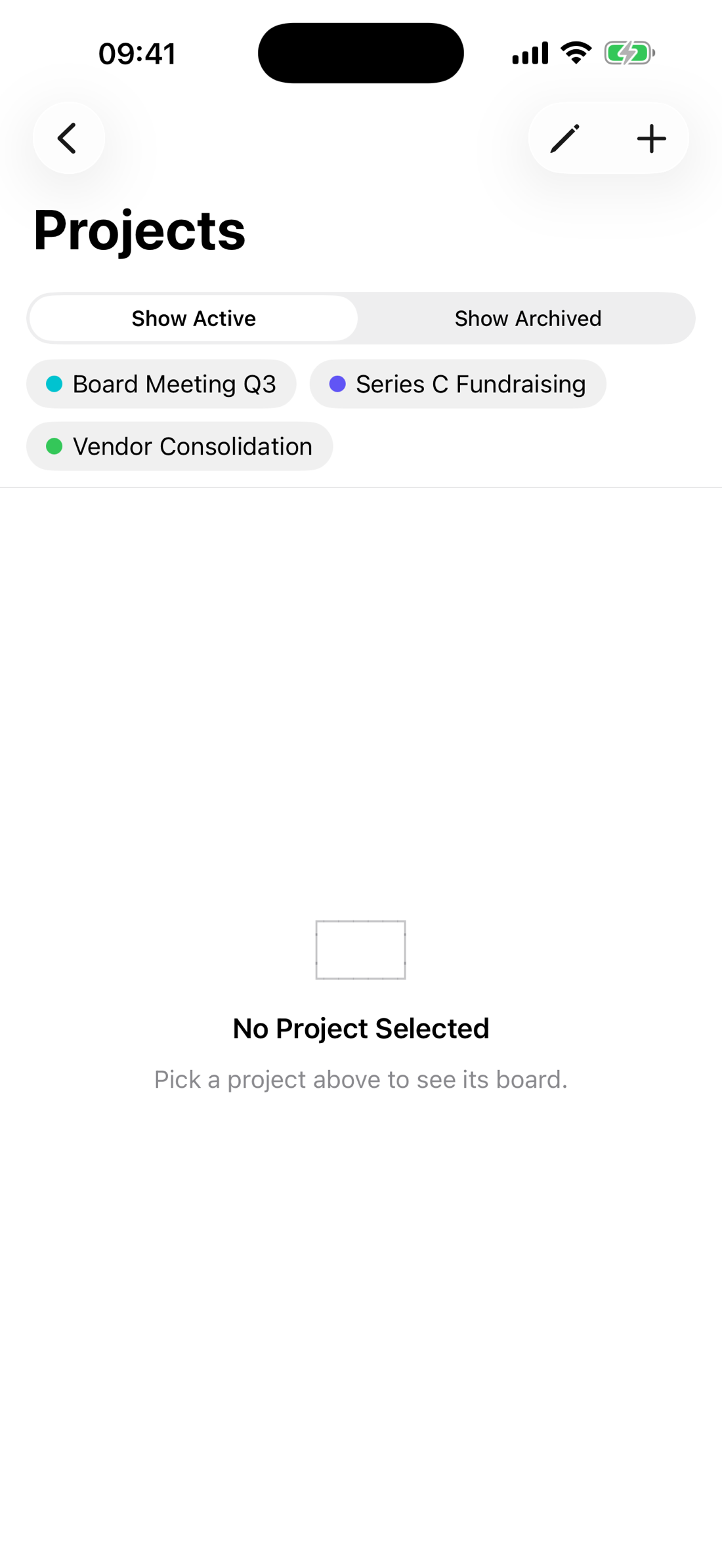 iteko's Projects screen on iPhone, with a Show Active / Show Archived picker and a wrapping row of project chips.