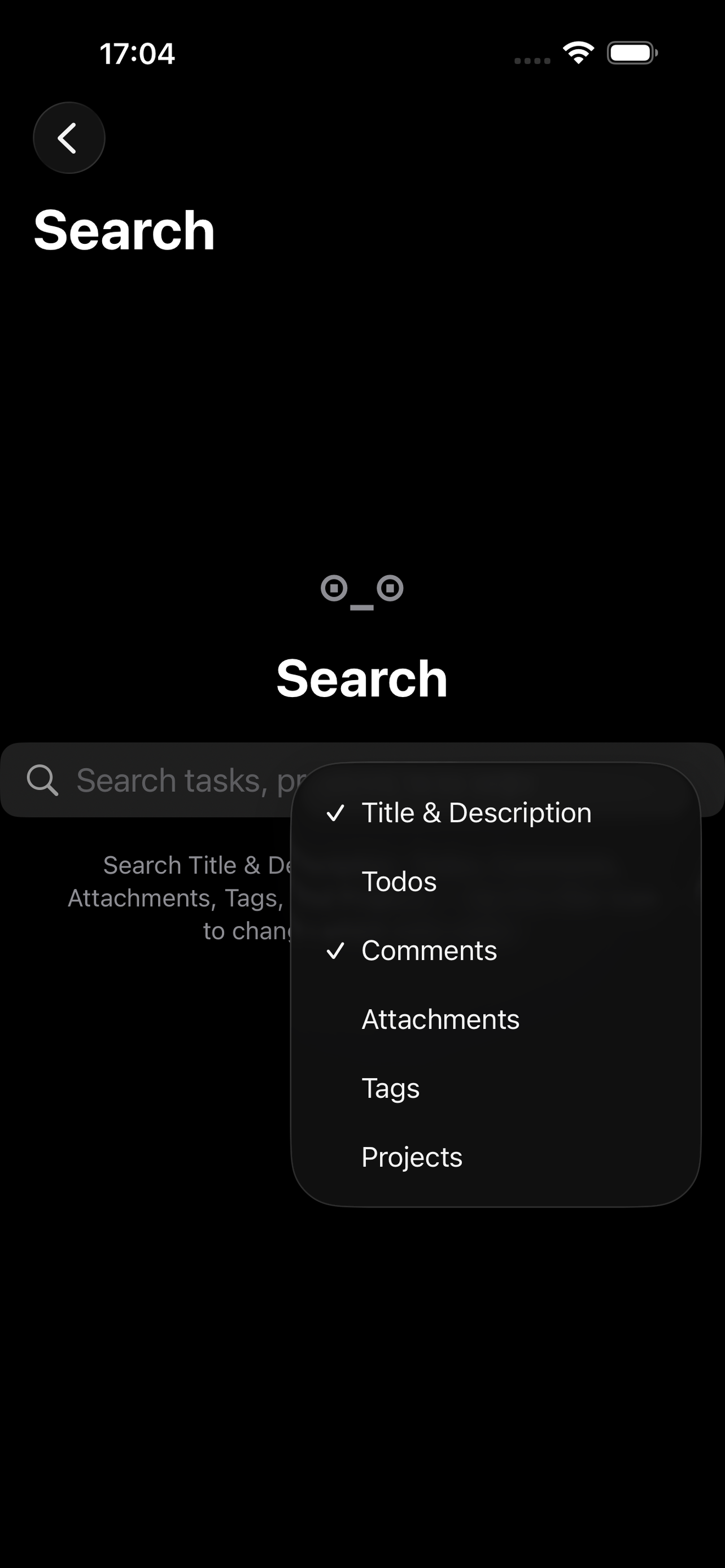 iteko's Search screen on iPhone, showing matching task results with the scope-filter menu open above them.
