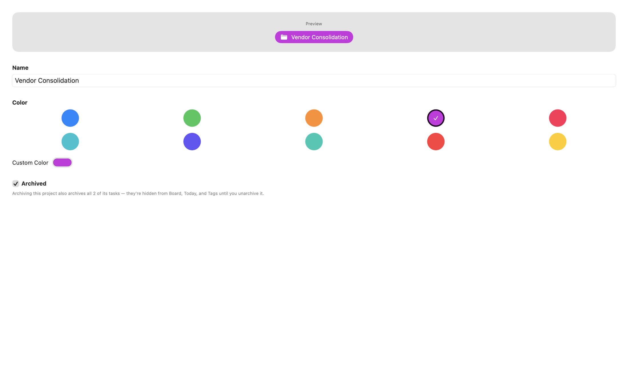 iteko's project editor on Mac, with the Archived toggle switched on and a message explaining that the project's tasks archive with it.