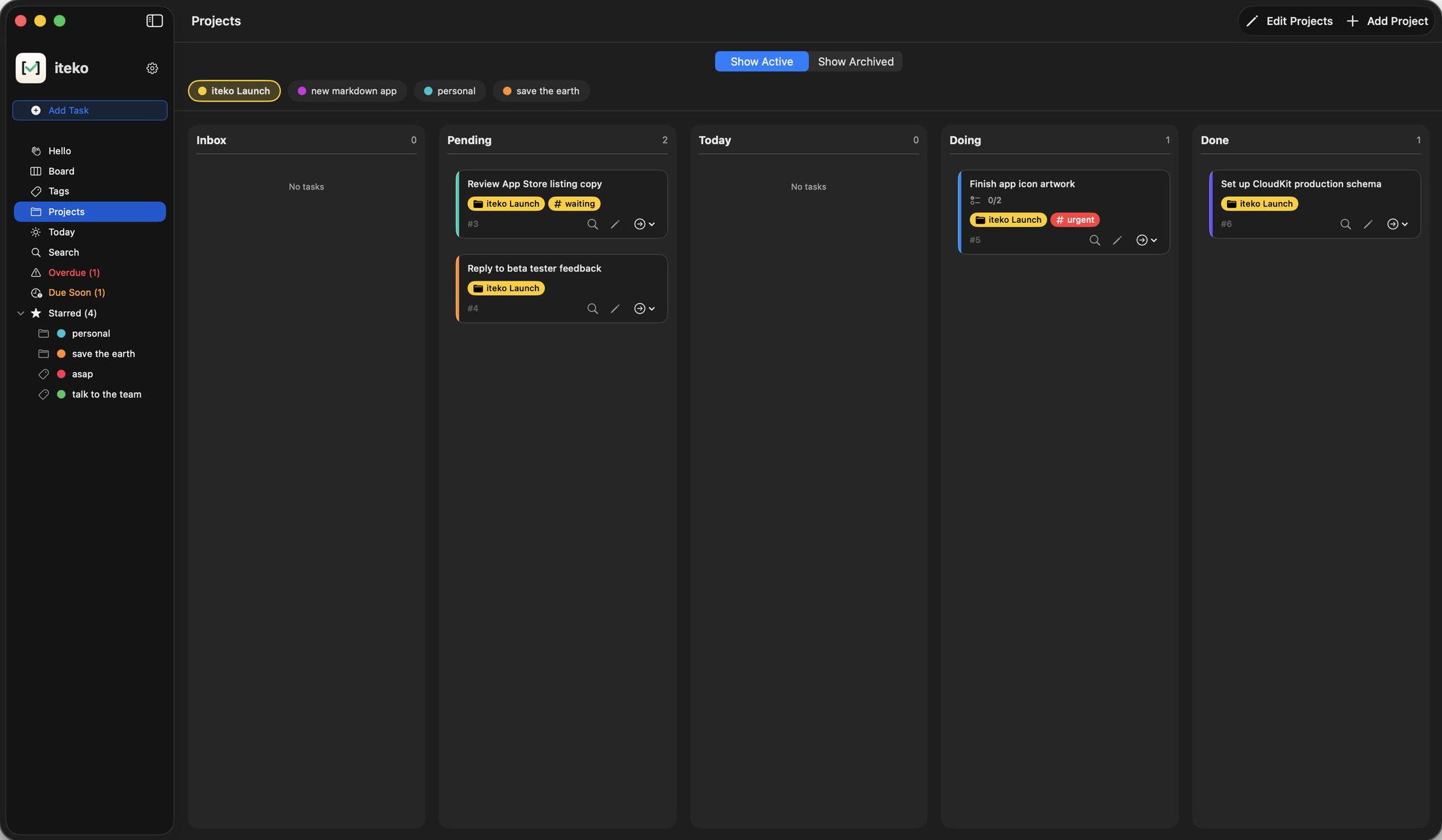 iteko's Projects screen on Mac, with a row of project chips and the board filtered to the selected project.