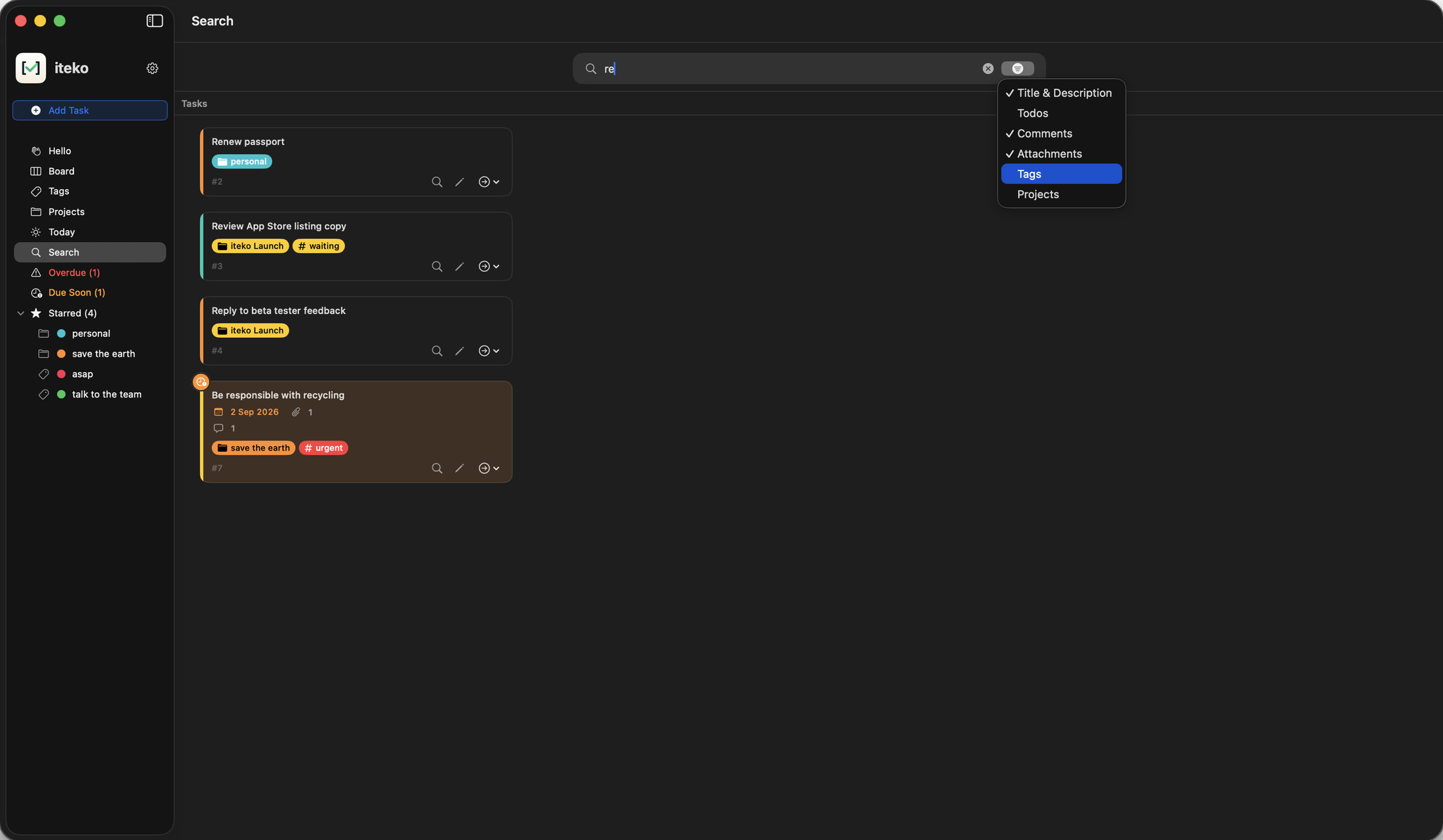 iteko's Search screen on Mac, showing matching tasks and an open filter menu for scoping search to titles, comments, attachments, tags, or projects.