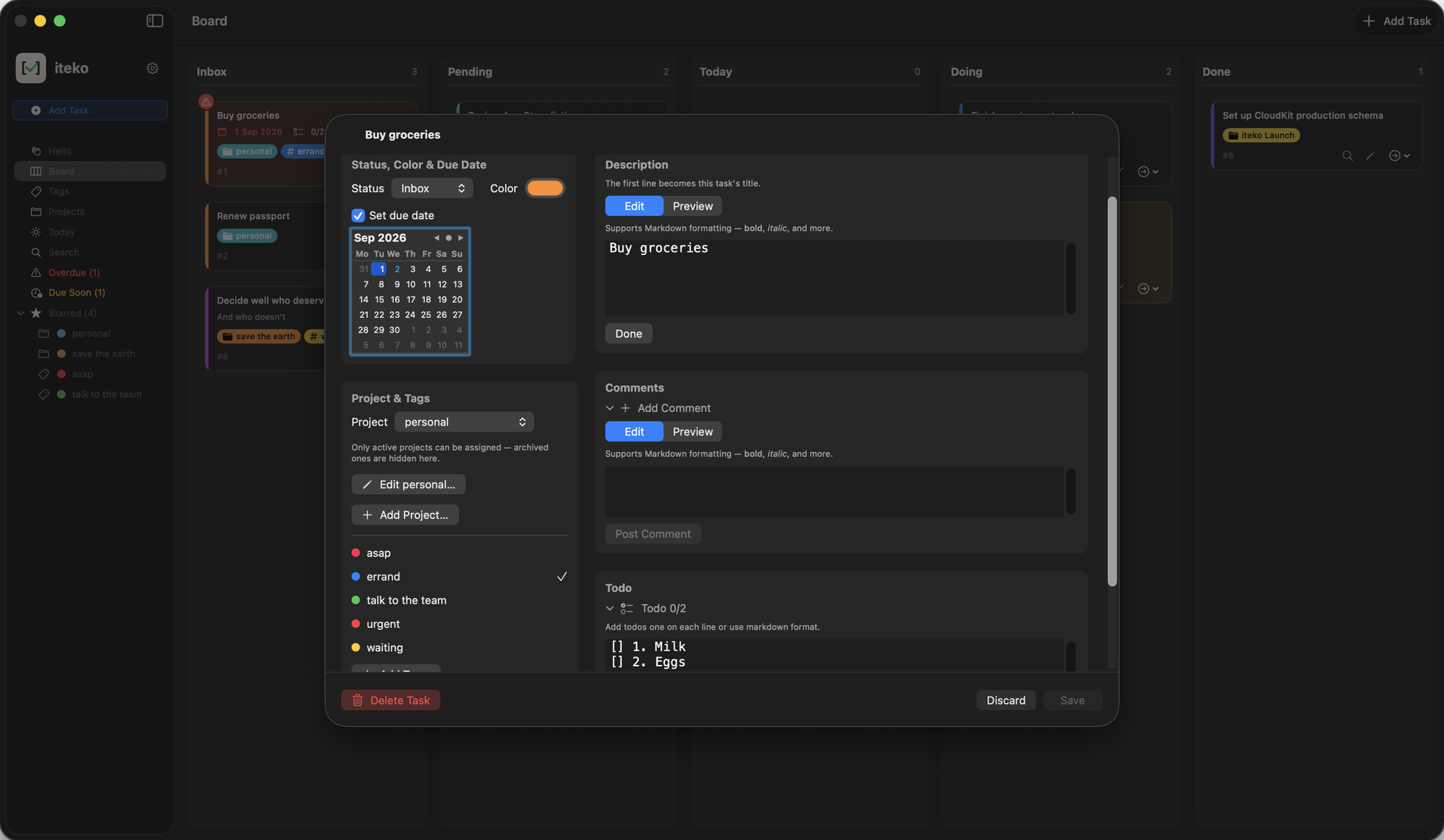 iteko's task editor on Mac, with a graphical due date picker, project and tag assignment, a Comments section, and a checklist all open at once.
